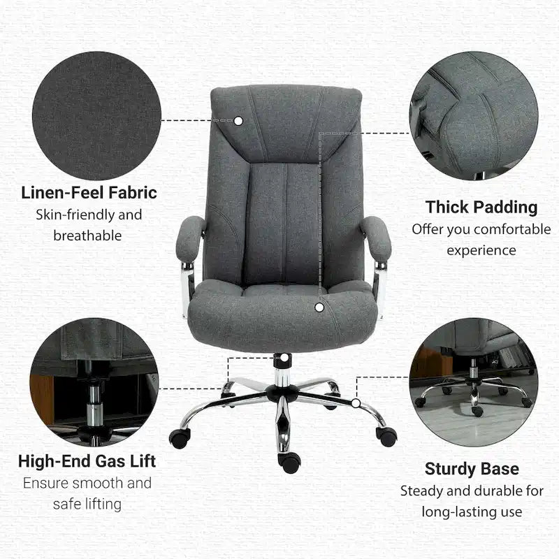 Chaise de bureau ergonomique pivotante à dossier haut noir/gris pour 1 personne, hauteur réglable, tissu lin
