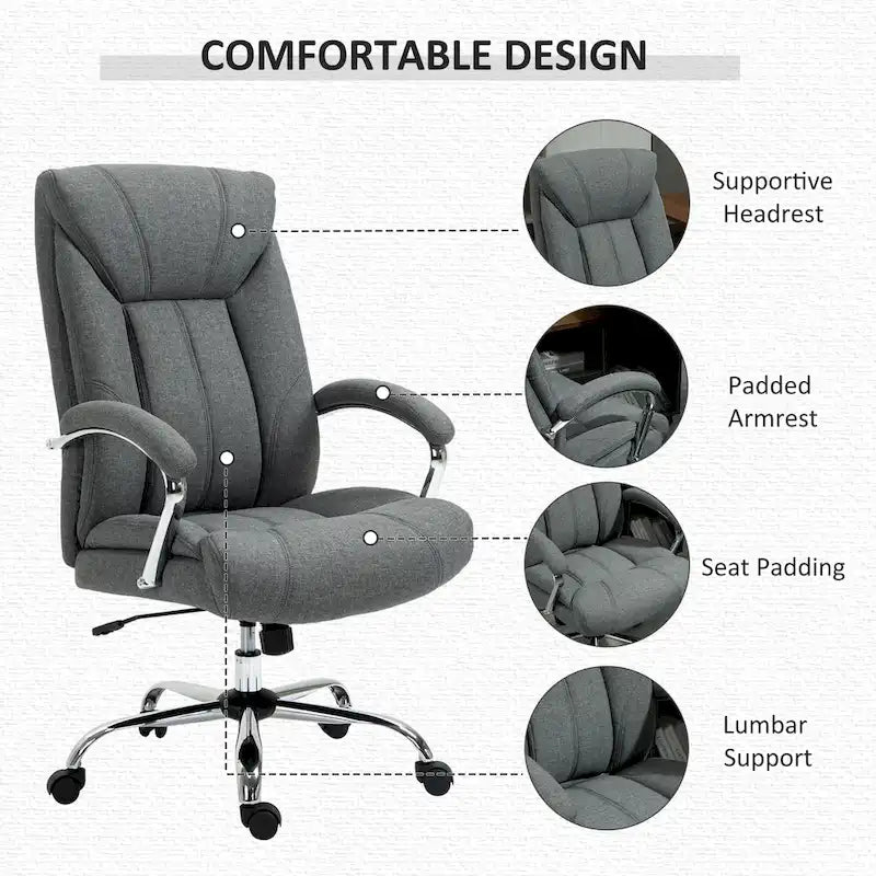 Chaise de bureau ergonomique pivotante à dossier haut noir/gris pour 1 personne, hauteur réglable, tissu lin