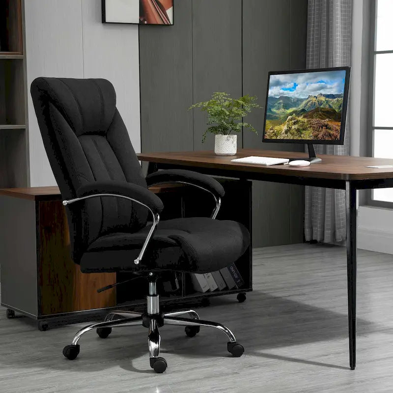 Chaise de bureau ergonomique pivotante à dossier haut noir/gris pour 1 personne, hauteur réglable, tissu lin