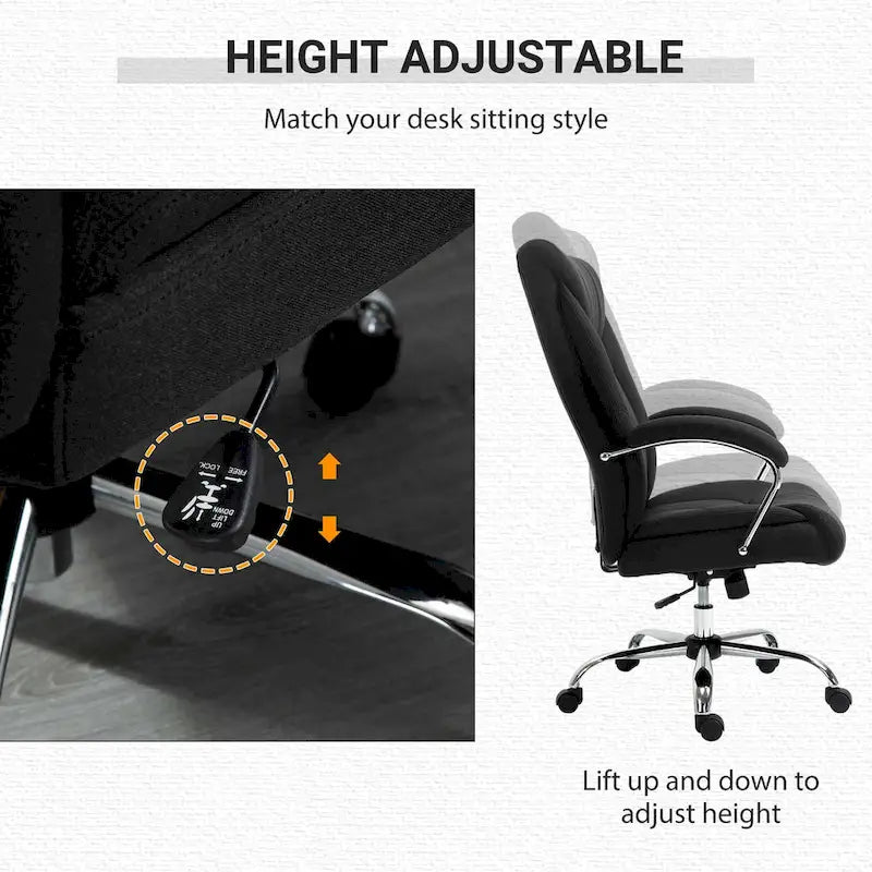 Chaise de bureau ergonomique pivotante à dossier haut noir/gris pour 1 personne, hauteur réglable, tissu lin