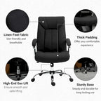 Chaise de bureau ergonomique pivotante à dossier haut noir/gris pour 1 personne, hauteur réglable, tissu lin
