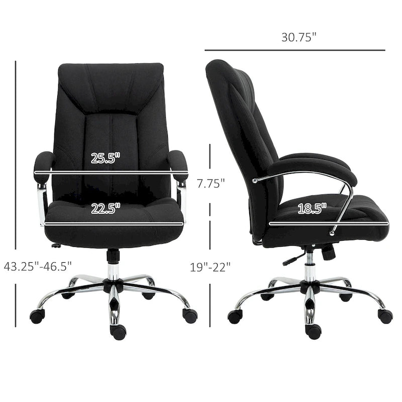 Chaise de bureau ergonomique pivotante à dossier haut noir/gris pour 1 personne, hauteur réglable, tissu lin
