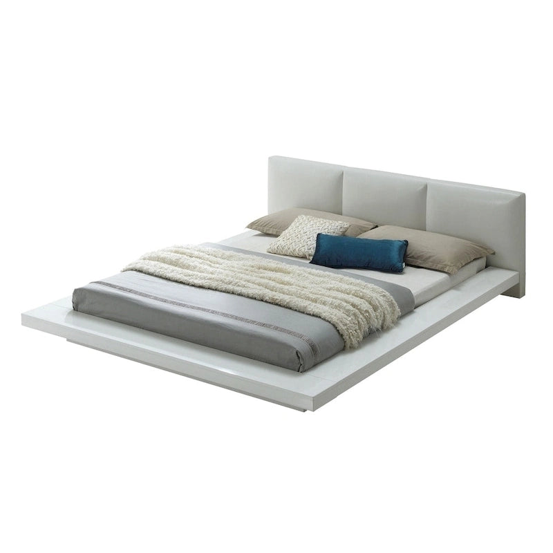 Lit plateforme bas en similicuir blanc – Grand lit double / Très grand lit double / Très grand lit double californien