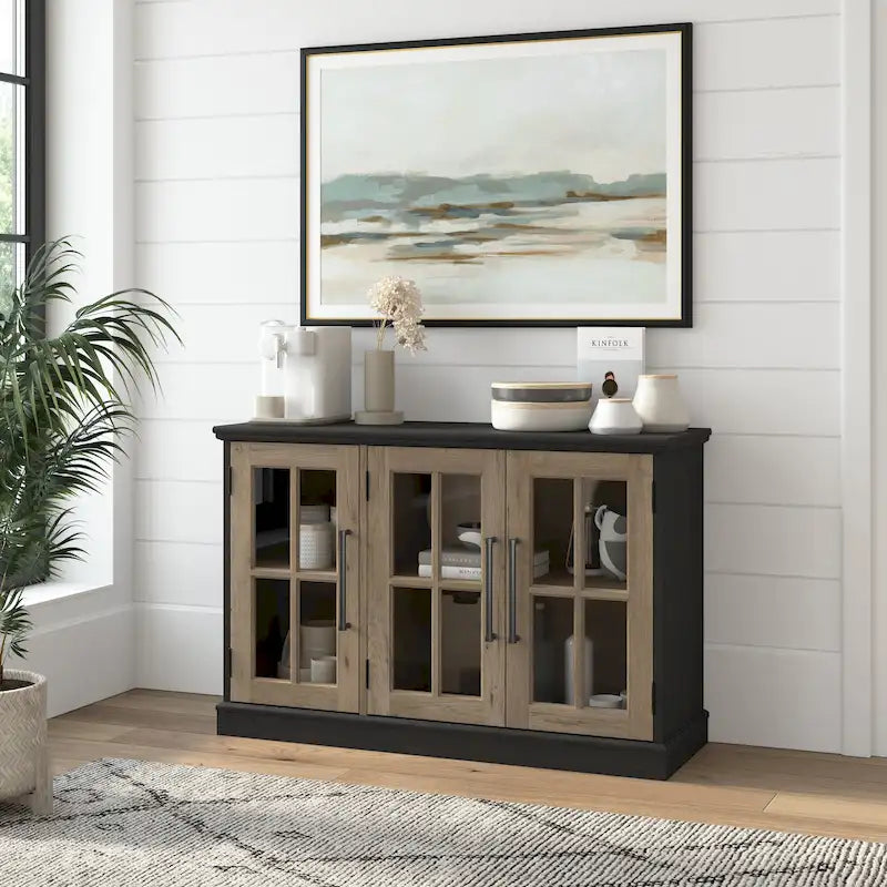 Meuble buffet 46W avec portes vitrées – Frêne noir/blanc vintage, 2 options de couleurs