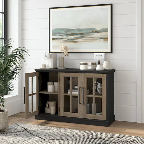 Meuble buffet 46W avec portes vitrées – Frêne noir/blanc vintage, 2 options de couleurs