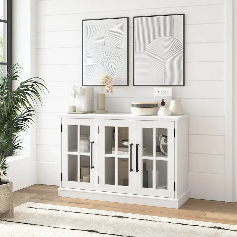 Meuble buffet 46W avec portes vitrées – Frêne noir/blanc vintage, 2 options de couleurs