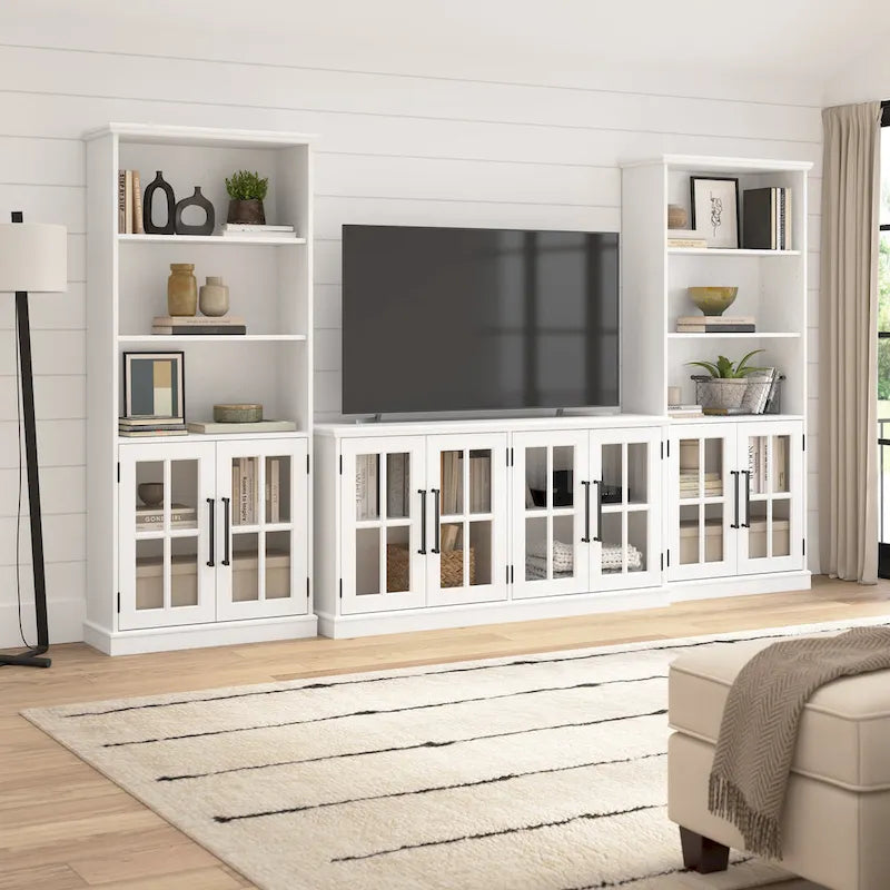 Meuble buffet 46W avec portes vitrées – Frêne noir/blanc vintage, 2 options de couleurs