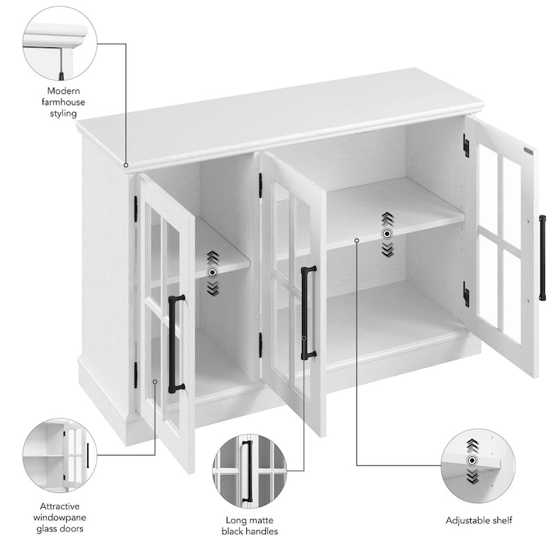 Meuble buffet 46W avec portes vitrées – Frêne noir/blanc vintage, 2 options de couleurs