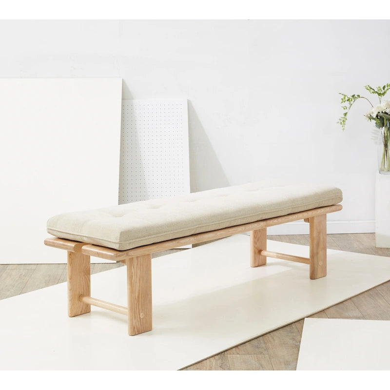Banc rembourré capitonné moderne beige, siège unique – accent naturel/noir, base en bois de frêne