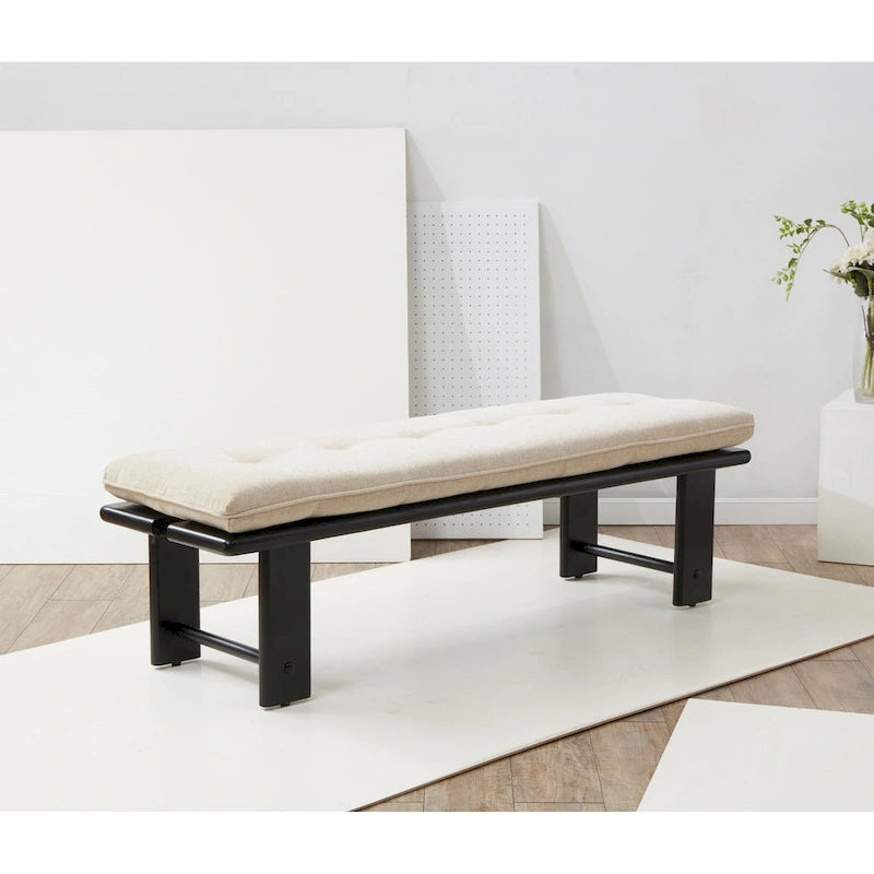 Banc rembourré capitonné moderne beige, siège unique – accent naturel/noir, base en bois de frêne