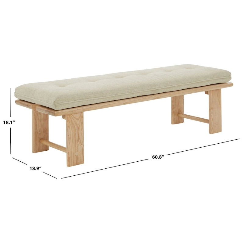 Banc rembourré capitonné moderne beige, siège unique – accent naturel/noir, base en bois de frêne