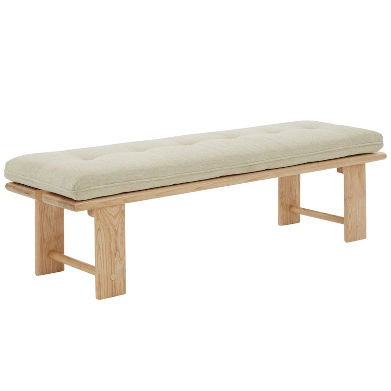 Banc rembourré capitonné moderne beige, siège unique – accent naturel/noir, base en bois de frêne