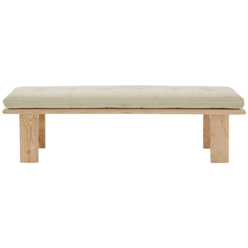 Banc rembourré capitonné moderne beige, siège unique – accent naturel/noir, base en bois de frêne