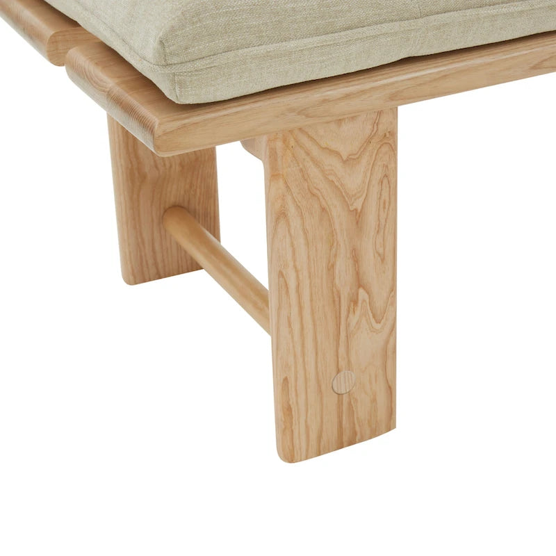 Banc rembourré capitonné moderne beige, siège unique – accent naturel/noir, base en bois de frêne