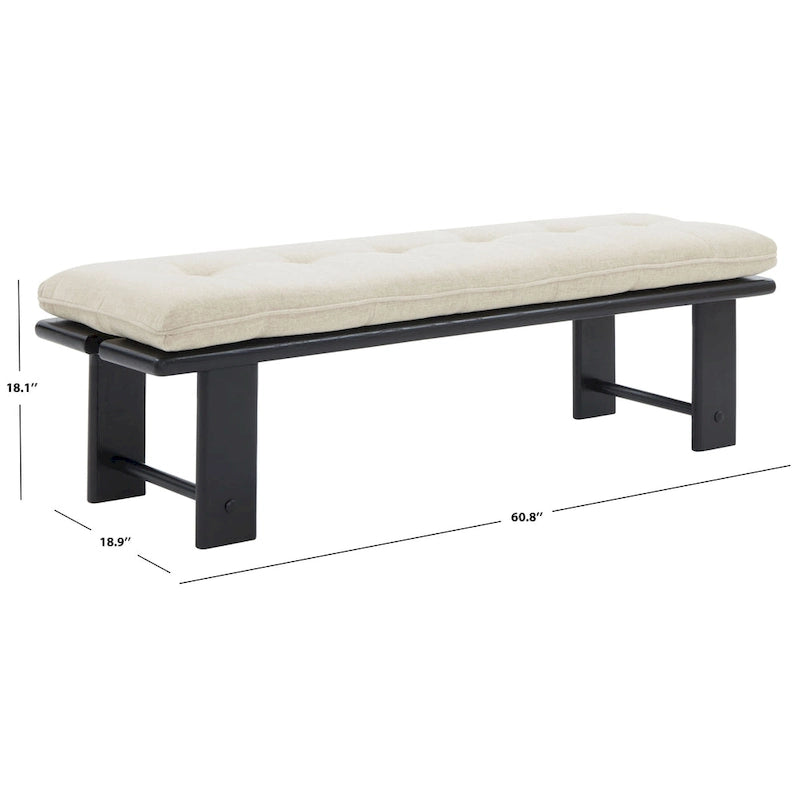 Banc rembourré capitonné moderne beige, siège unique – accent naturel/noir, base en bois de frêne