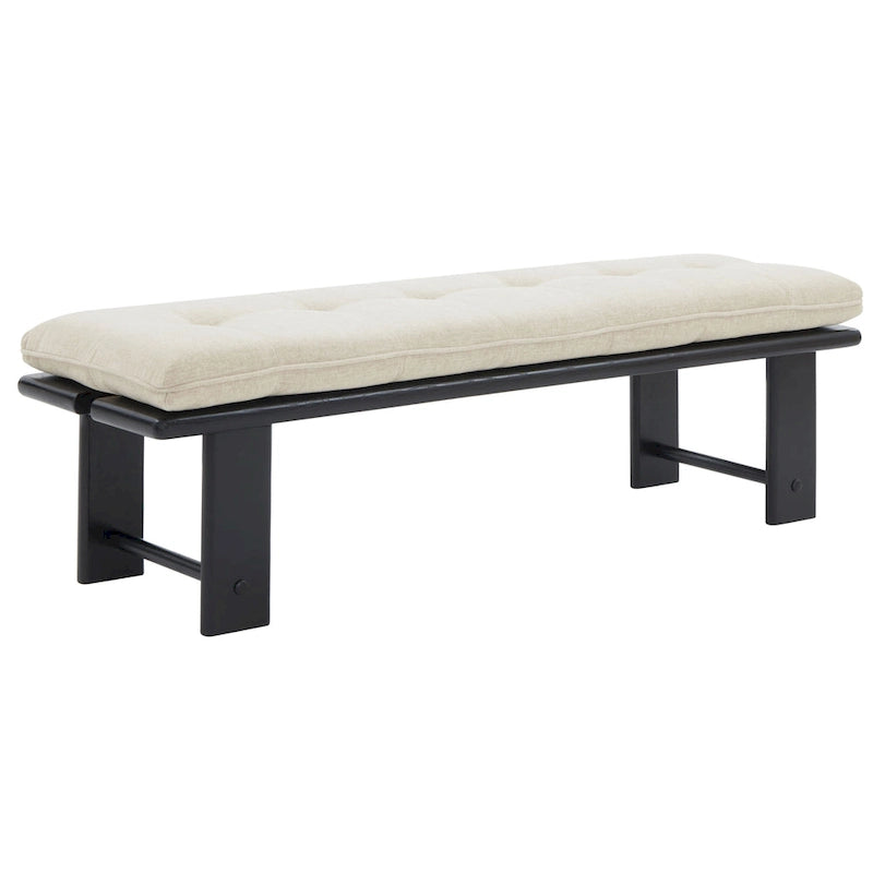 Banc rembourré capitonné moderne beige, siège unique – accent naturel/noir, base en bois de frêne