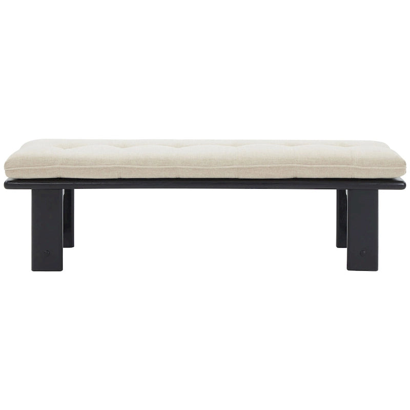 Banc rembourré capitonné moderne beige, siège unique – accent naturel/noir, base en bois de frêne