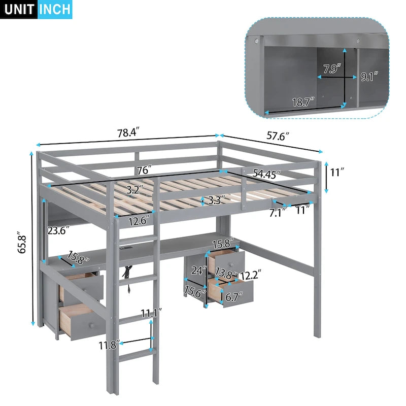 Lit mezzanine double gris avec bureau et rangements, 1 personne