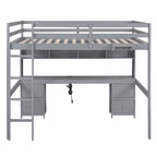 Lit mezzanine double gris avec bureau et rangements, 1 personne