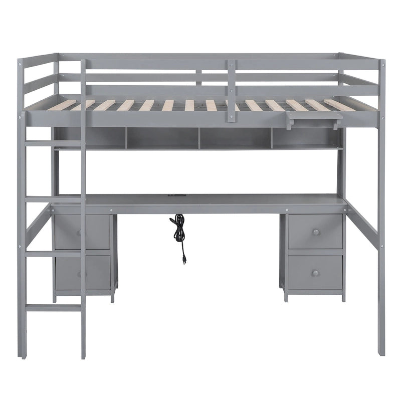 Lit mezzanine double gris avec bureau et rangements, 1 personne