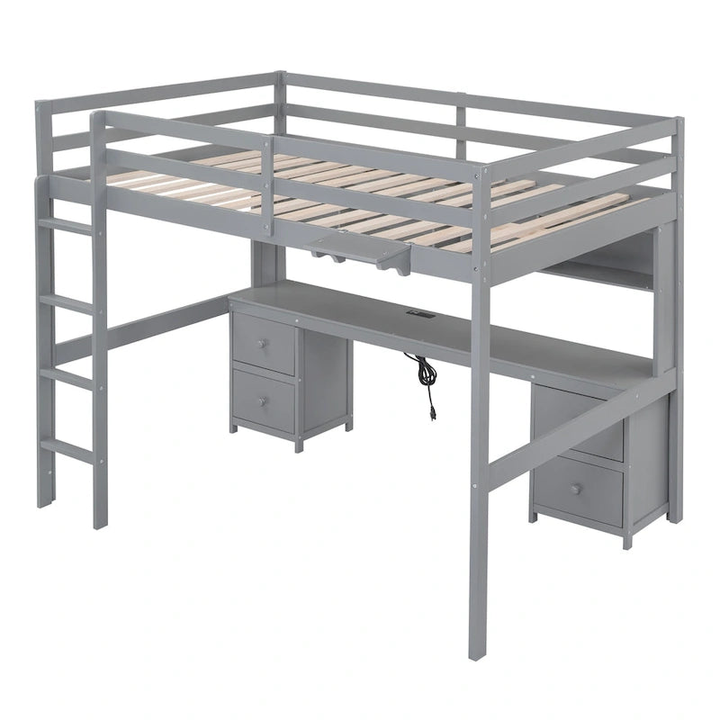 Lit mezzanine double gris avec bureau et rangements, 1 personne