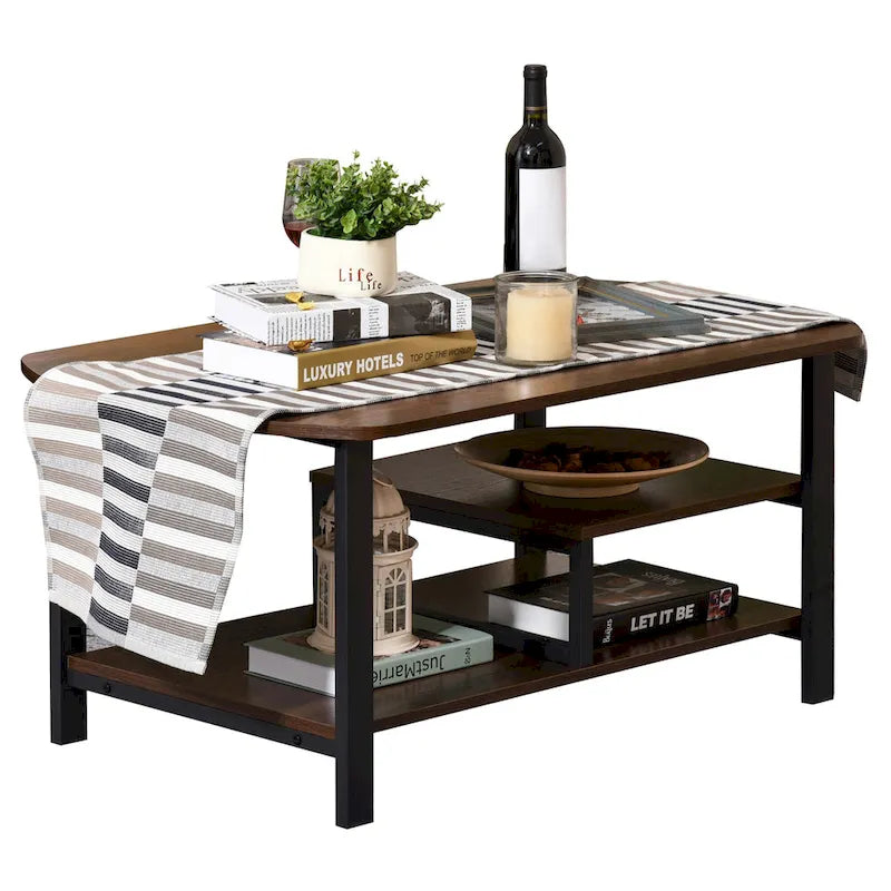 Table basse en bois brun foncé et métal noir avec étagères à 3 niveaux, usage individuel
