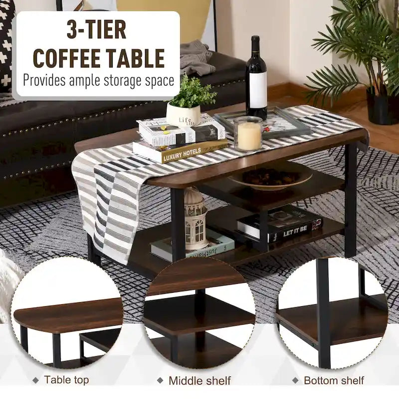 Table basse en bois brun foncé et métal noir avec étagères à 3 niveaux, usage individuel
