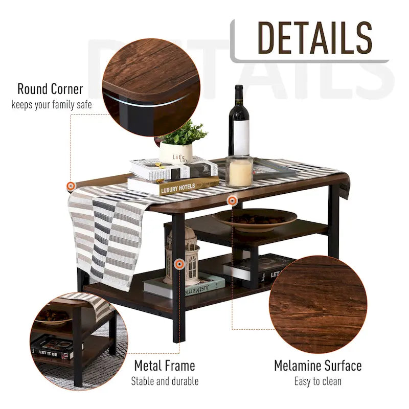 Table basse en bois brun foncé et métal noir avec étagères à 3 niveaux, usage individuel