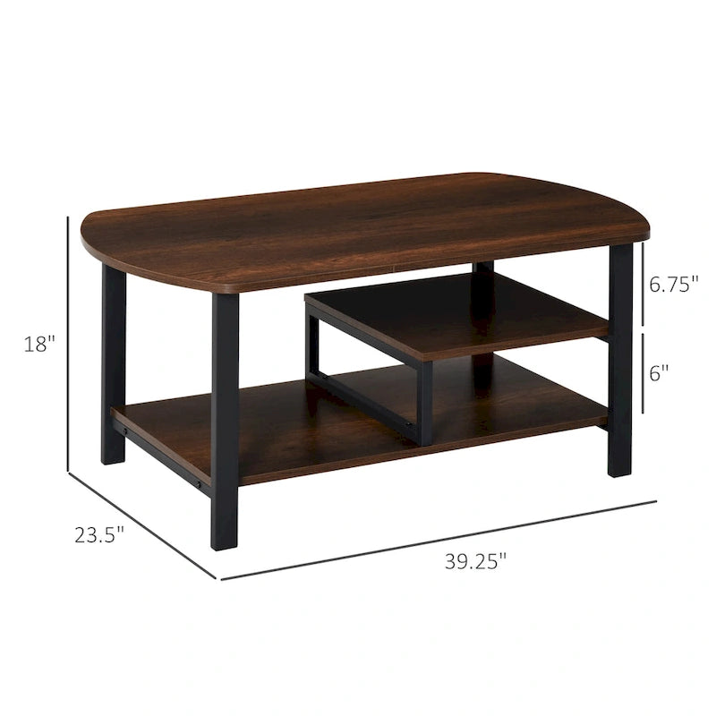 Table basse en bois brun foncé et métal noir avec étagères à 3 niveaux, usage individuel