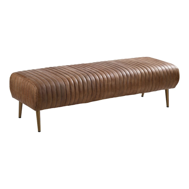 Banc en cuir côtelé brun sellier, style contemporain, 3 places