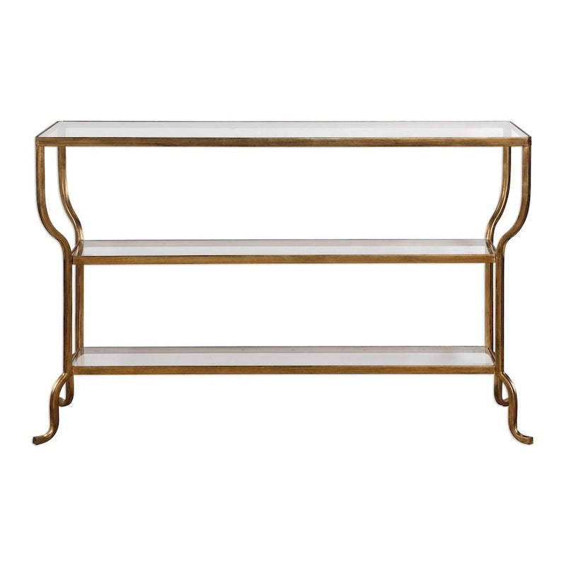 Console dorée à l'ancienne, fer et verre