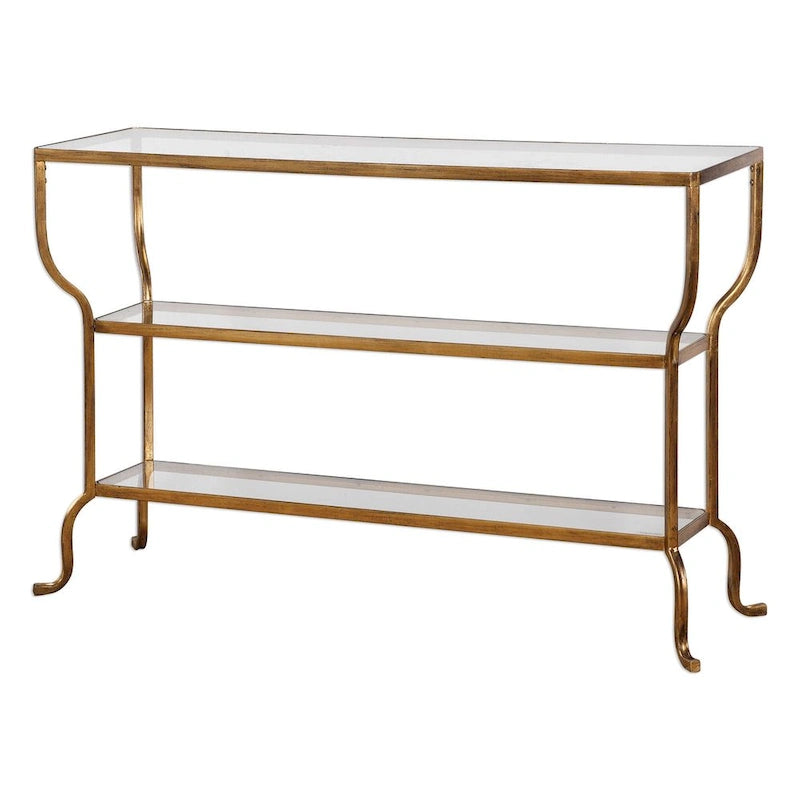 Console dorée à l'ancienne, fer et verre