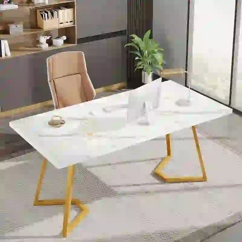 Bureau informatique 140 cm, blanc / marron rustique / marron clair, plateau aspect marbre, 1 personne