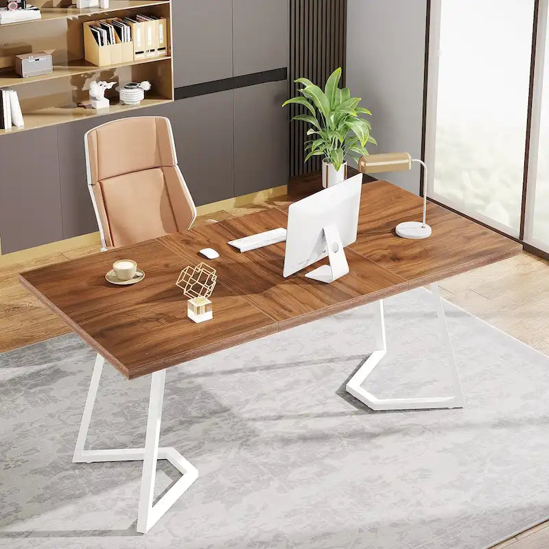Bureau informatique 140 cm, blanc / marron rustique / marron clair, plateau aspect marbre, 1 personne