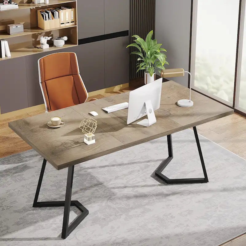 Bureau informatique 140 cm, blanc / marron rustique / marron clair, plateau aspect marbre, 1 personne