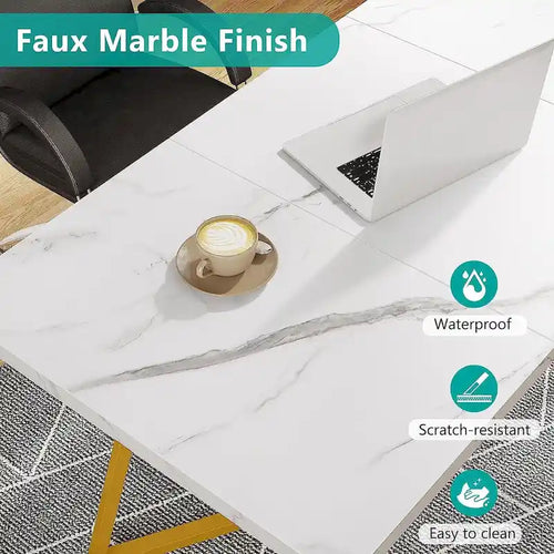 Bureau informatique 140 cm, blanc / marron rustique / marron clair, plateau aspect marbre, 1 personne