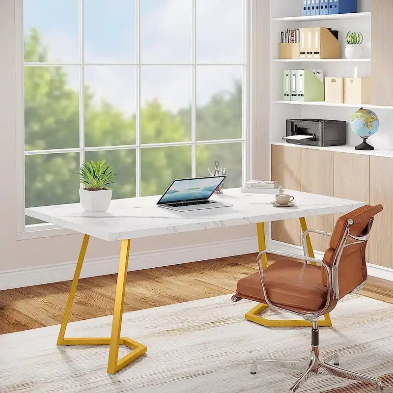 Bureau informatique 140 cm, blanc / marron rustique / marron clair, plateau aspect marbre, 1 personne