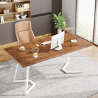 Bureau informatique 140 cm, blanc / marron rustique / marron clair, plateau aspect marbre, 1 personne
