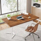 Bureau informatique 140 cm, blanc / marron rustique / marron clair, plateau aspect marbre, 1 personne