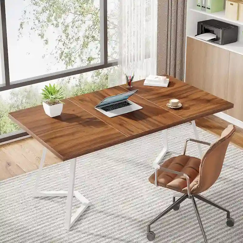 Bureau informatique 140 cm, blanc / marron rustique / marron clair, plateau aspect marbre, 1 personne