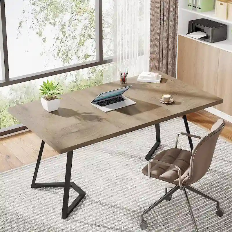 Bureau informatique 140 cm, blanc / marron rustique / marron clair, plateau aspect marbre, 1 personne