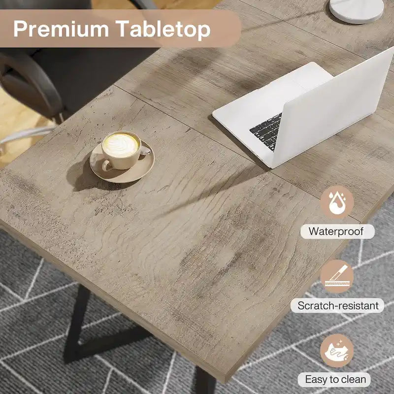 Bureau informatique 140 cm, blanc / marron rustique / marron clair, plateau aspect marbre, 1 personne