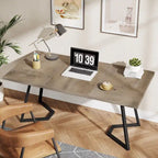 Bureau informatique 140 cm, blanc / marron rustique / marron clair, plateau aspect marbre, 1 personne