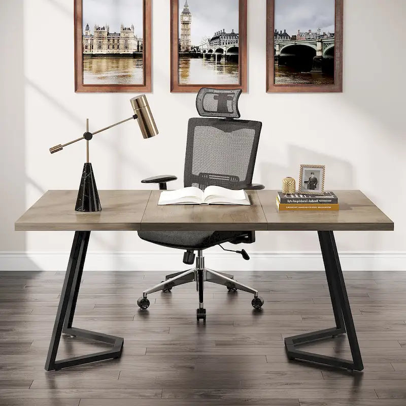 Bureau informatique 140 cm, blanc / marron rustique / marron clair, plateau aspect marbre, 1 personne