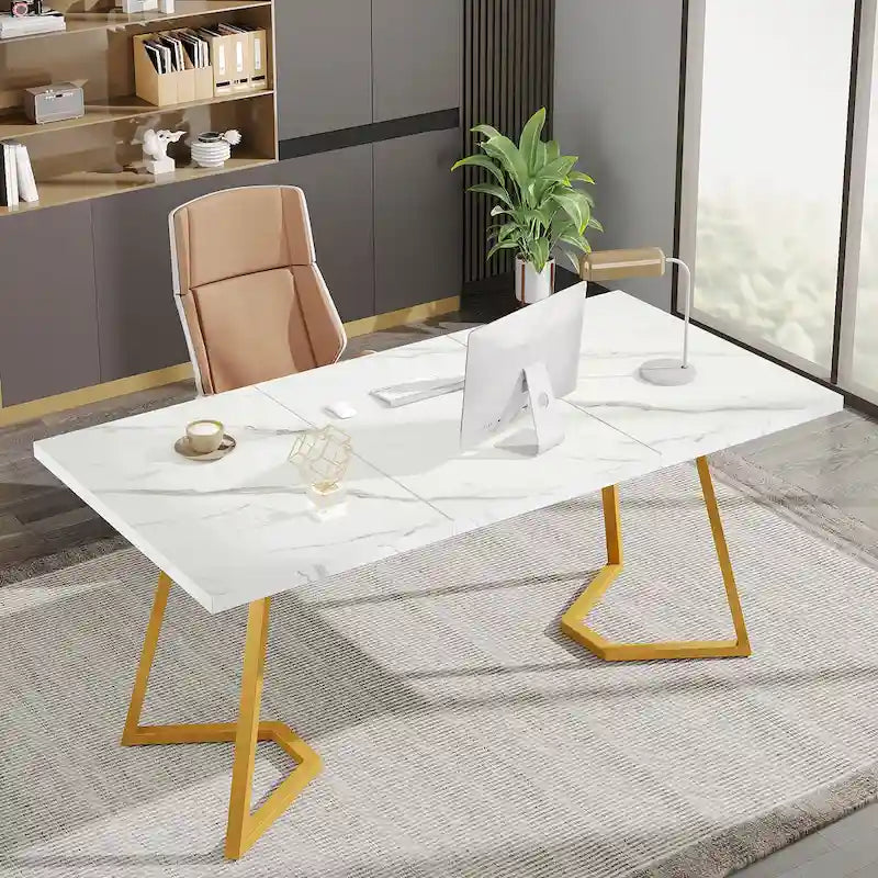 Bureau informatique 140 cm, blanc / marron rustique / marron clair, plateau aspect marbre, 1 personne