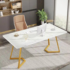 Bureau informatique 140 cm, blanc / marron rustique / marron clair, plateau aspect marbre, 1 personne