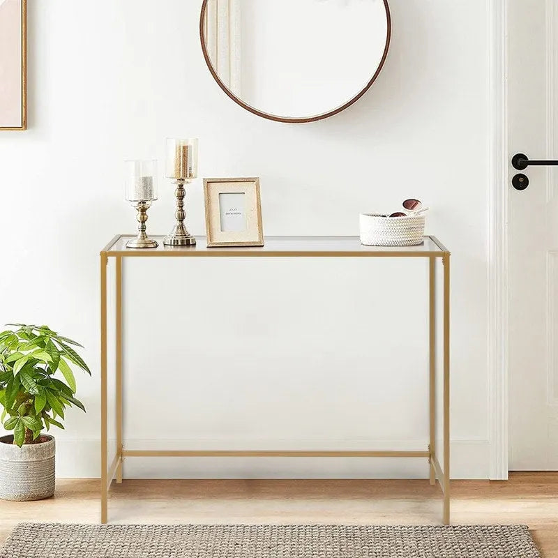 Console en métal doré, plateau en verre, 1 personne, 100 cm