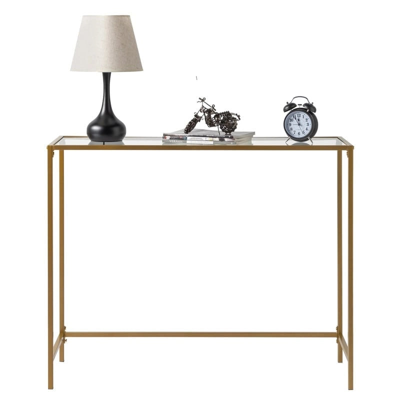 Console en métal doré, plateau en verre, 1 personne, 100 cm