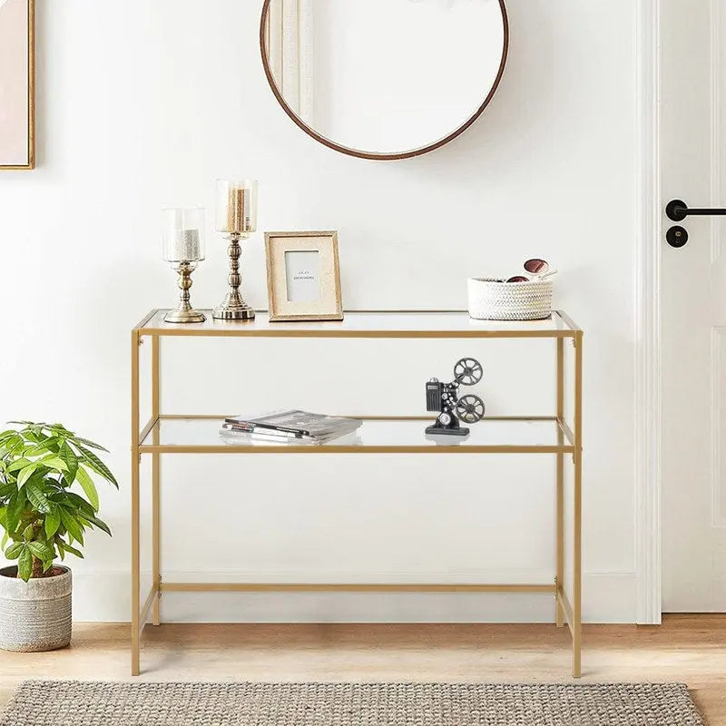 Console en métal doré, plateau en verre, 1 personne, 100 cm