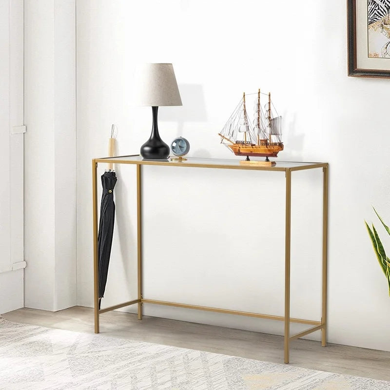 Console en métal doré, plateau en verre, 1 personne, 100 cm